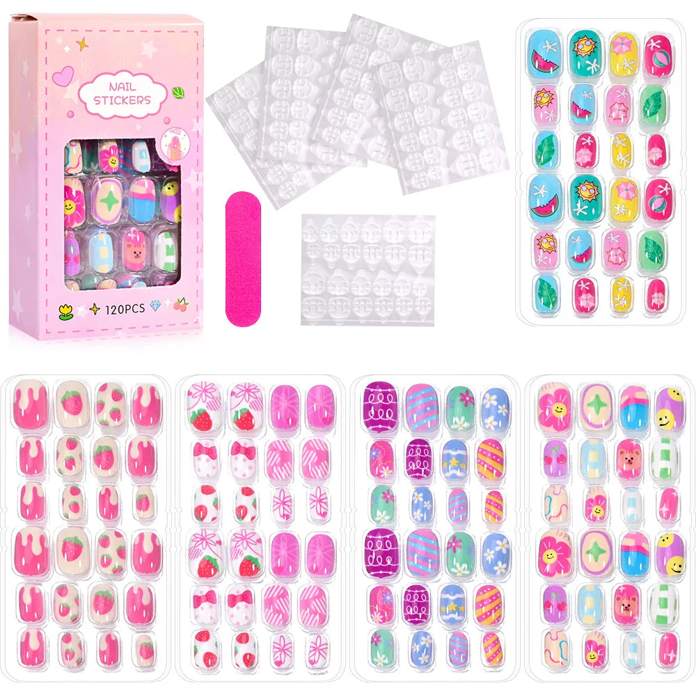 120 Pcs Kids Cartoon Press On Nails