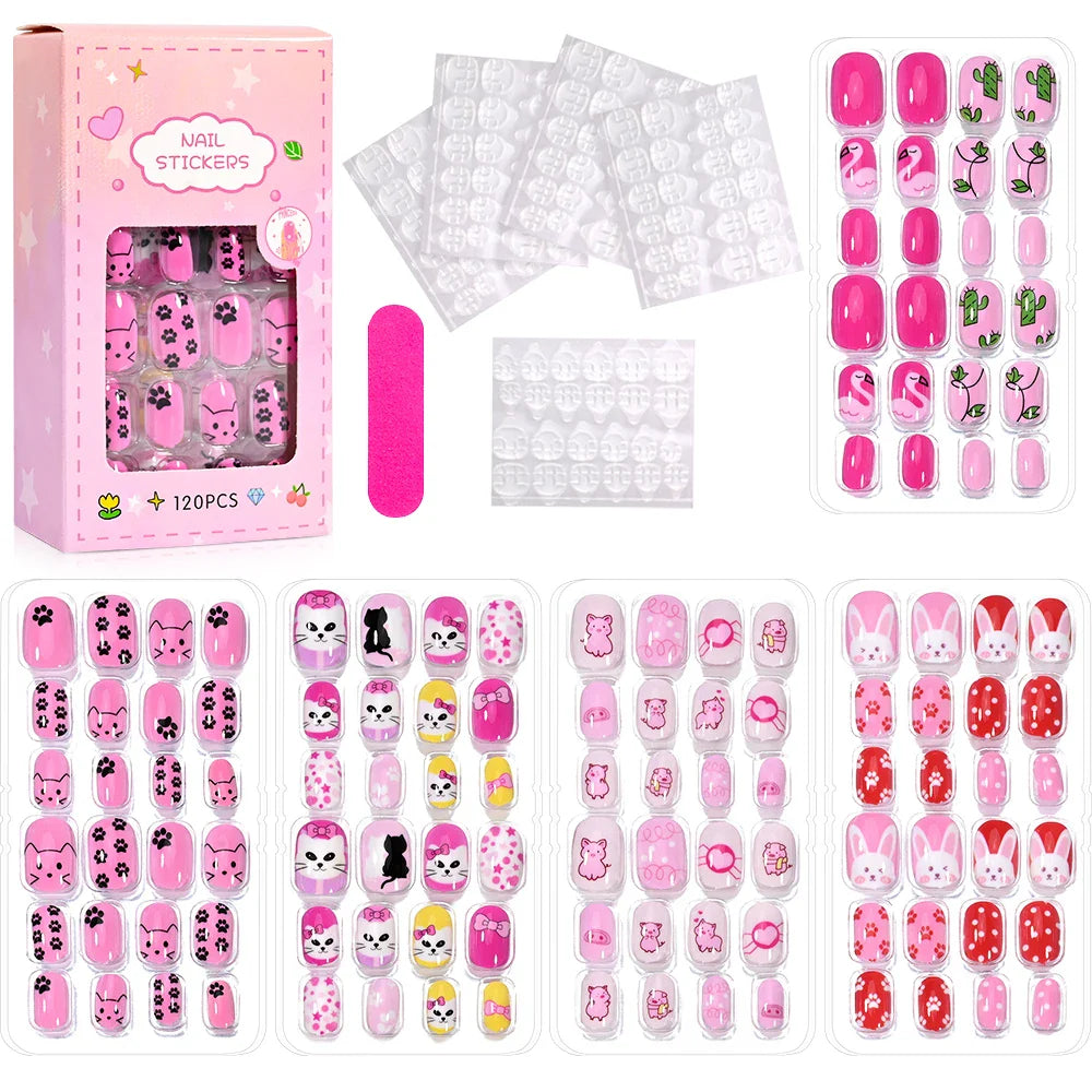 120 Pcs Kids Cartoon Press On Nails