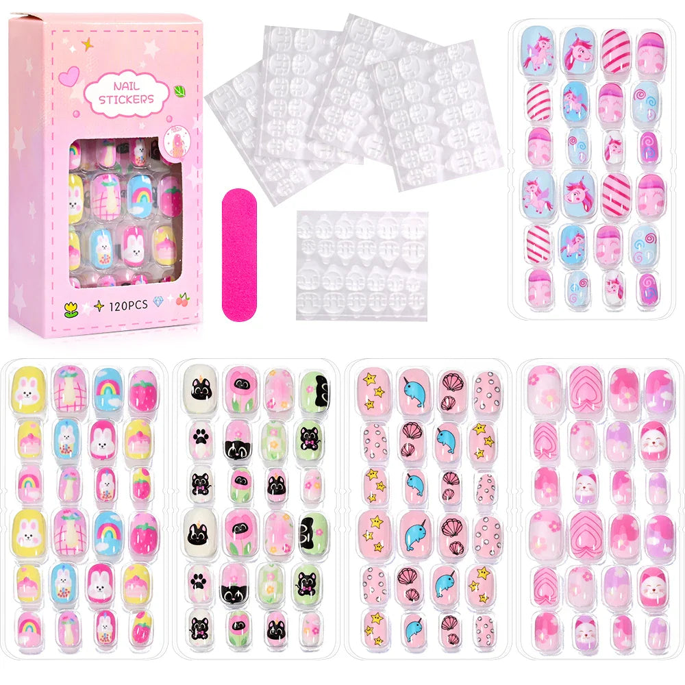 120 Pcs Kids Cartoon Press On Nails
