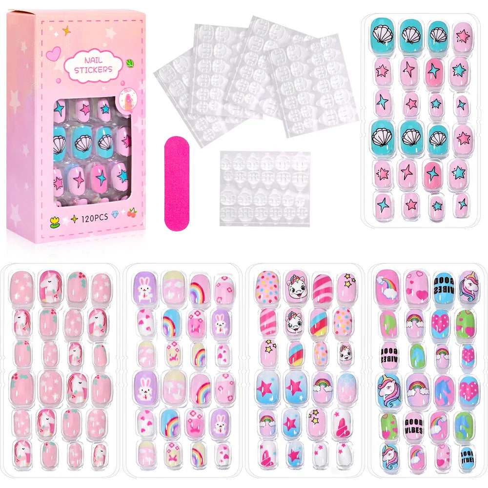 120 Pcs Kids Cartoon Press On Nails