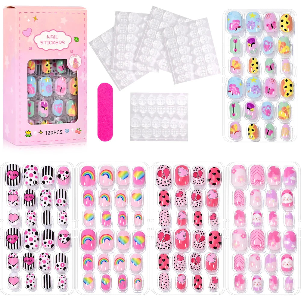 120 Pcs Kids Cartoon Press On Nails
