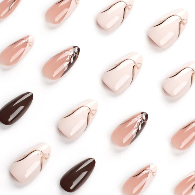 24Pcs Medium Almond Brown Leaf Press-On Nails