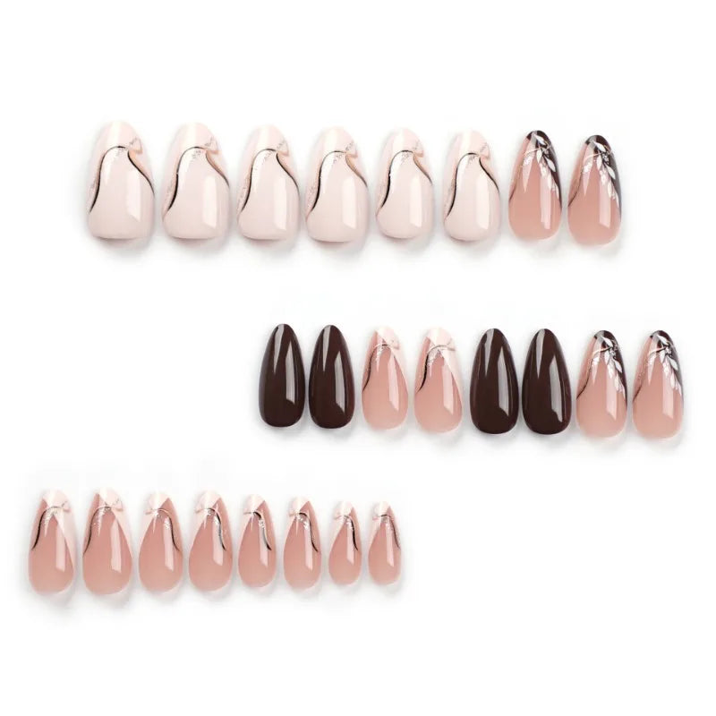 24Pcs Medium Almond Brown Leaf Press-On Nails