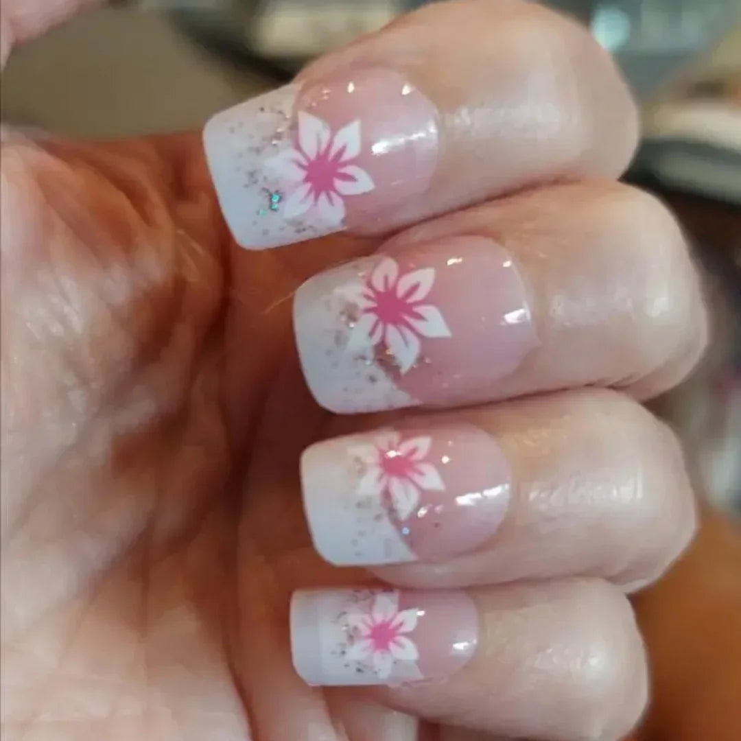 24Pcs Pink Flower Press-On Nails Set