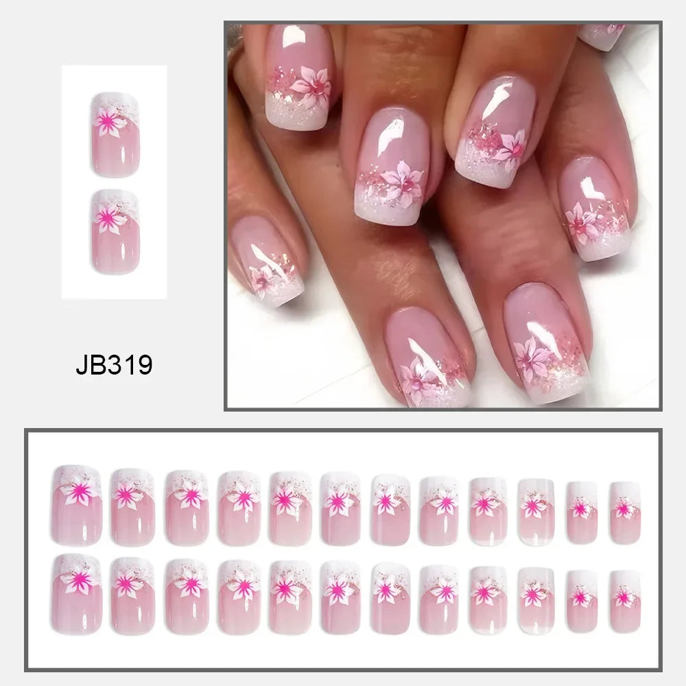 24Pcs Pink Flower Press-On Nails Set