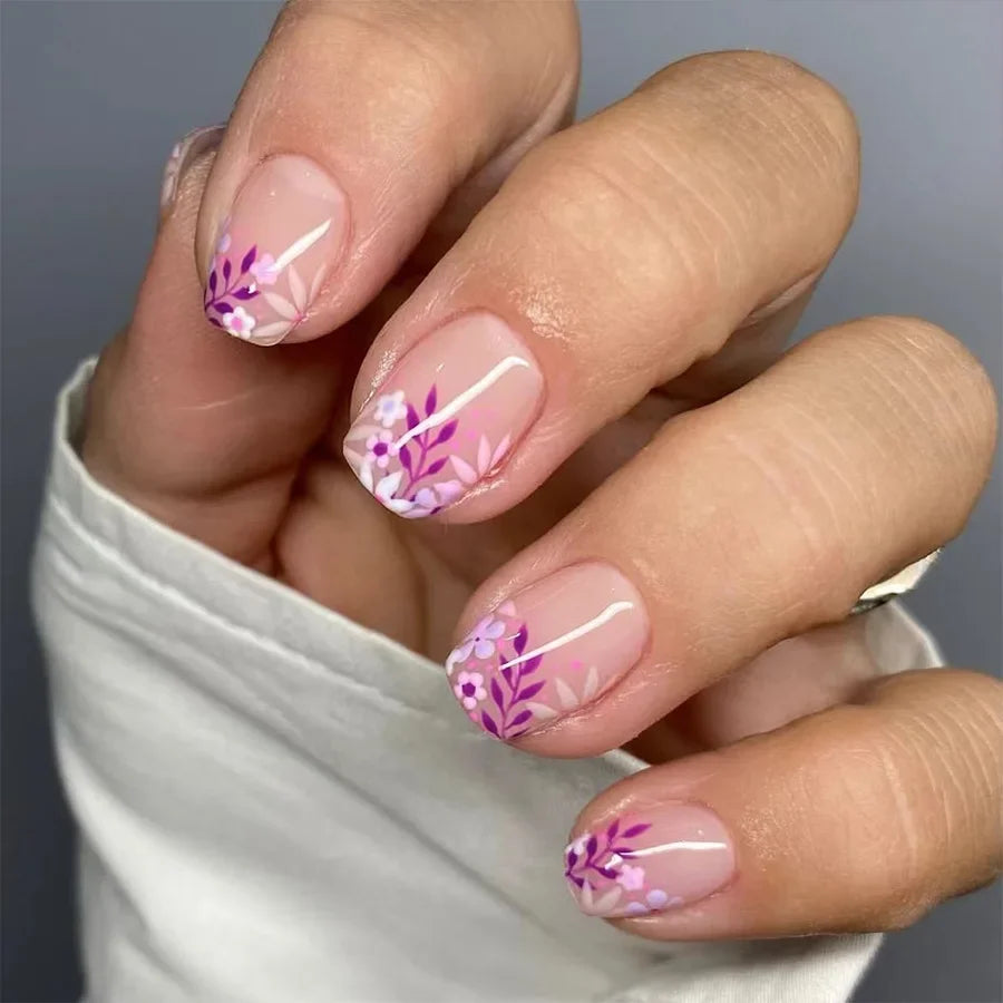 24Pcs Pink Flower Press-On Nails Set