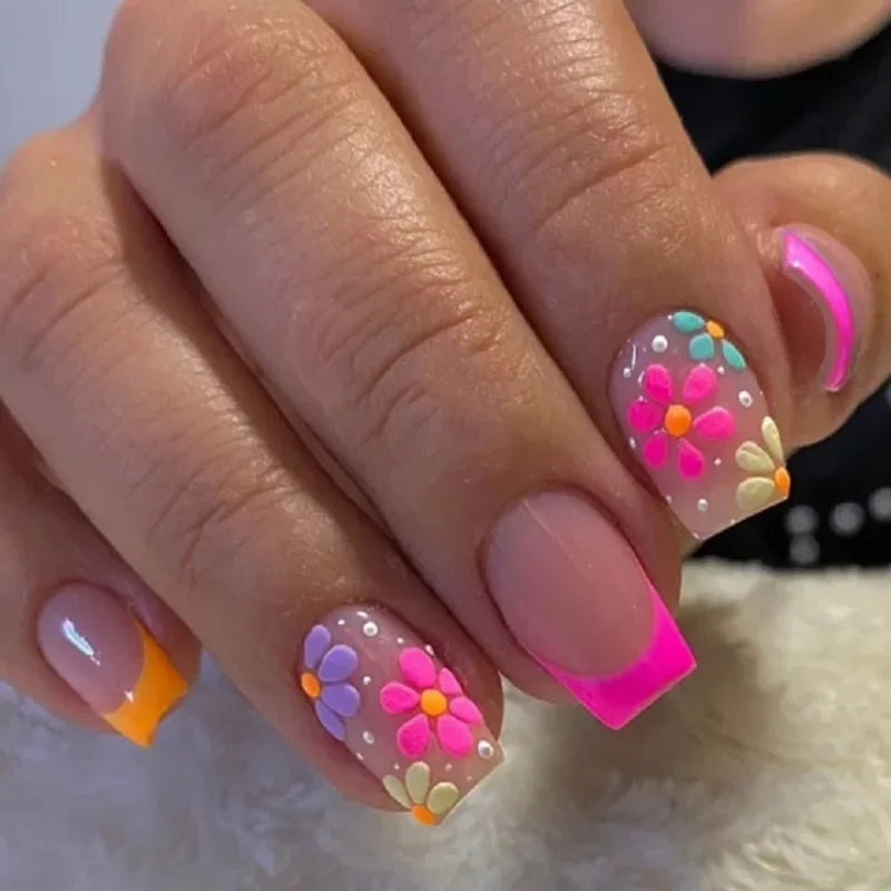 24Pcs Pink Flower Press-On Nails Set