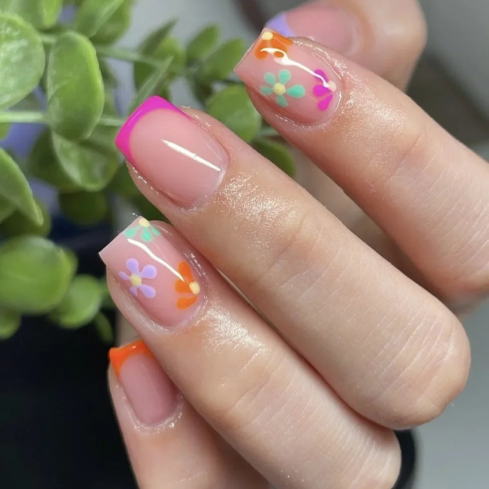 24Pcs Pink Flower Press-On Nails Set