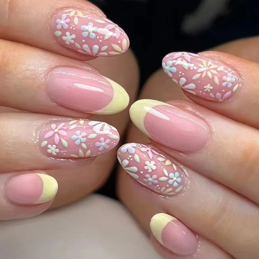 24Pcs Pink Flower Press-On Nails Set