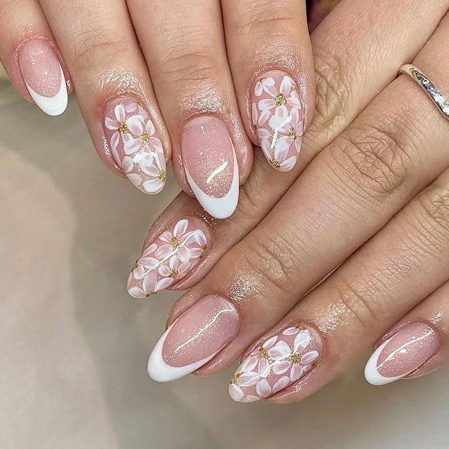 24Pcs Pink Flower Press-On Nails Set