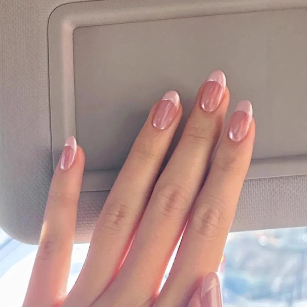 Handmade Pink French Oval Press On Nails