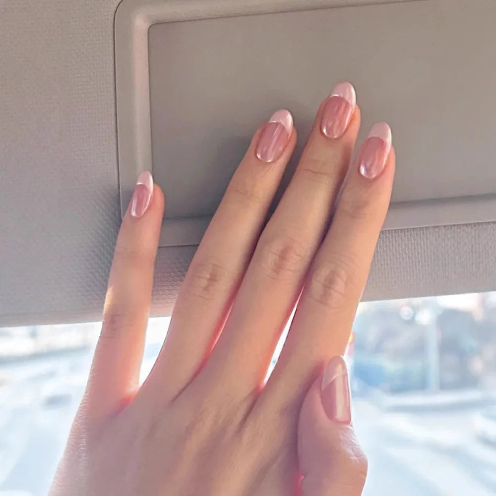 Handmade Pink French Oval Press On Nails