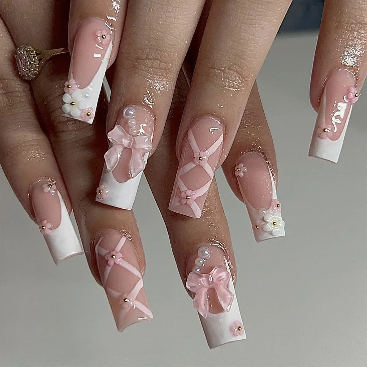 Pink Bow Press on Nails