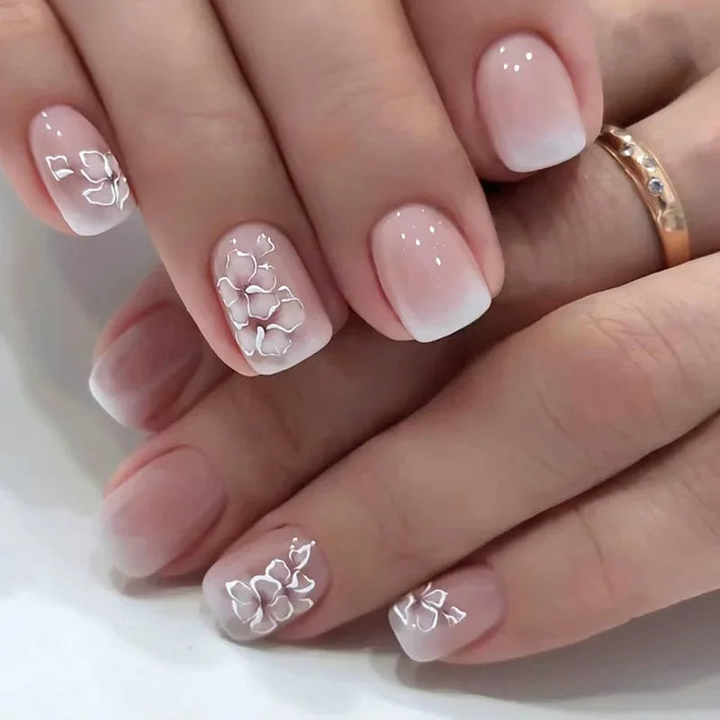 24Pcs Pink Flower Press-On Nails Set